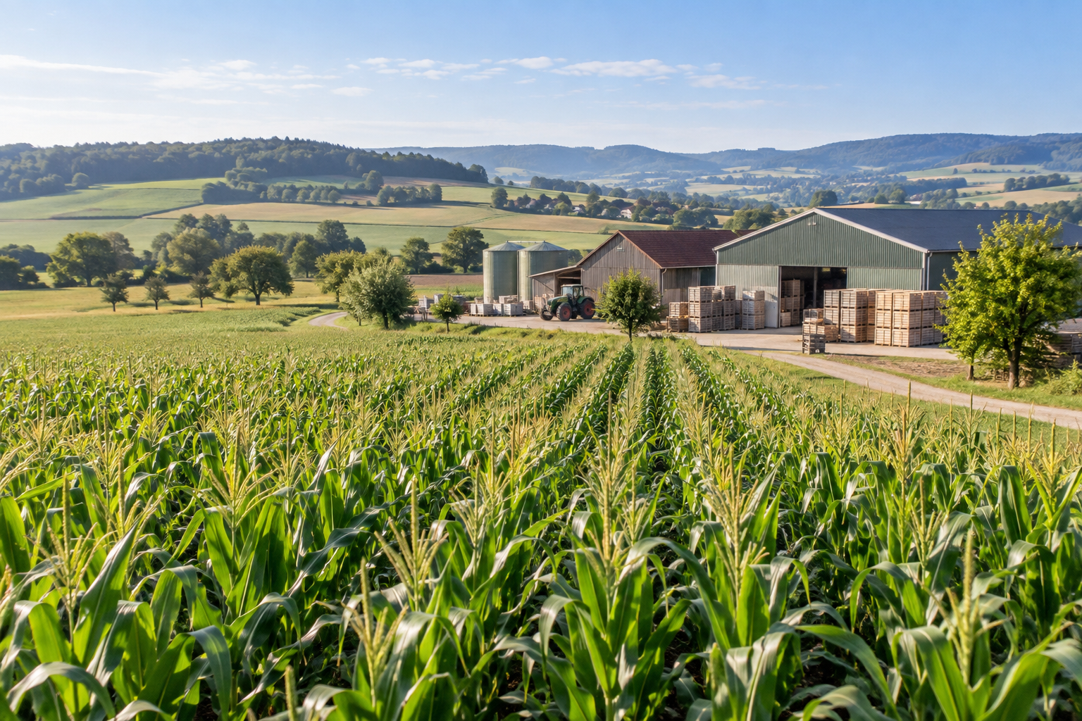 Zuckermaisfeld mit landwirtschaftlichen Lager- und Betriebsgebäuden